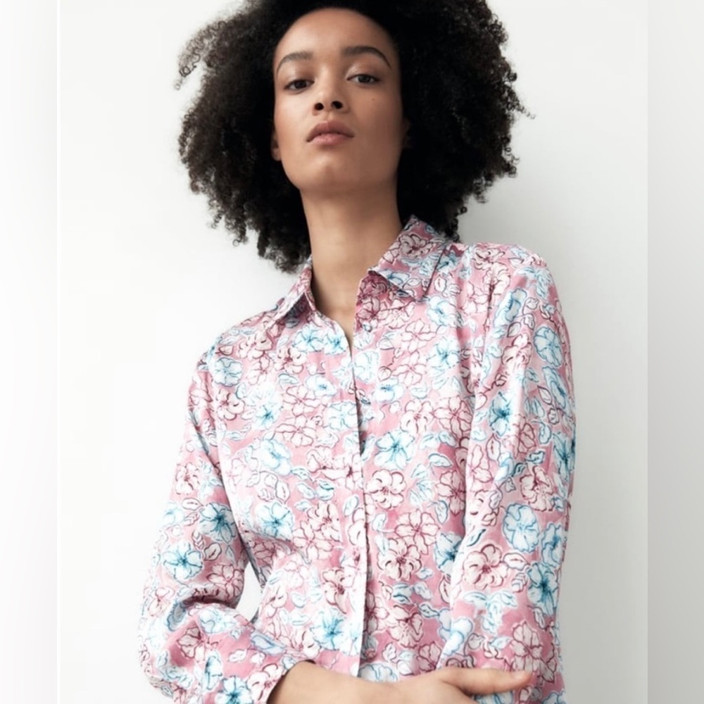 Zara Pink Blue Floral Button-Down ‘Satin’ Blouse Size Small Cottage Coastal - Picture 1 of 11